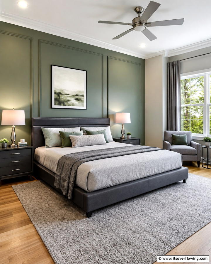 Sage Green Accent Wall with Grey FurnitureExact - 25 Sage Green and Grey Bedroom Ideas for a Serene Retreat