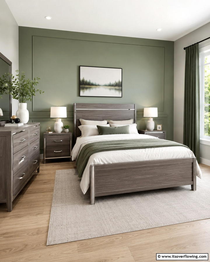 Sage Green Accent Wall with Grey FurnitureOne - 25 Sage Green and Grey Bedroom Ideas for a Serene Retreat