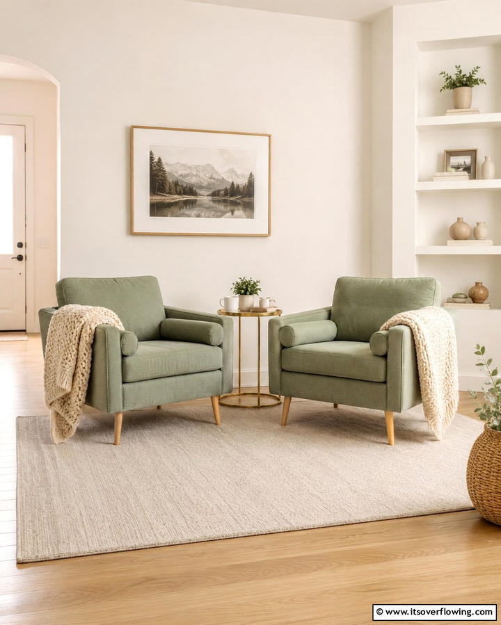 Sage Green Armchairs with Cream Throws - 25 Sage Green and Cream Living Room Ideas for Serenity