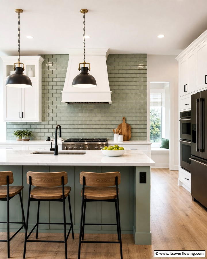 Sage Green Backsplash with Black Accents - 20 Sage Green and Black Kitchen Ideas for a Modern Feel