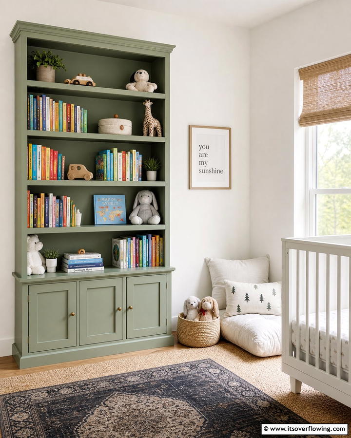 Sage Green Bookshelf - 25 Sage Green Nursery Ideas for a Peaceful Baby Room