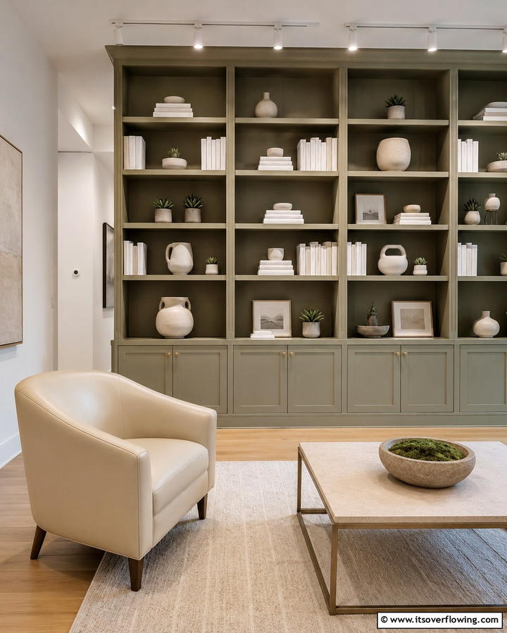 Sage Green Built In Shelves with Cream Accents - 25 Sage Green and Cream Living Room Ideas for Serenity