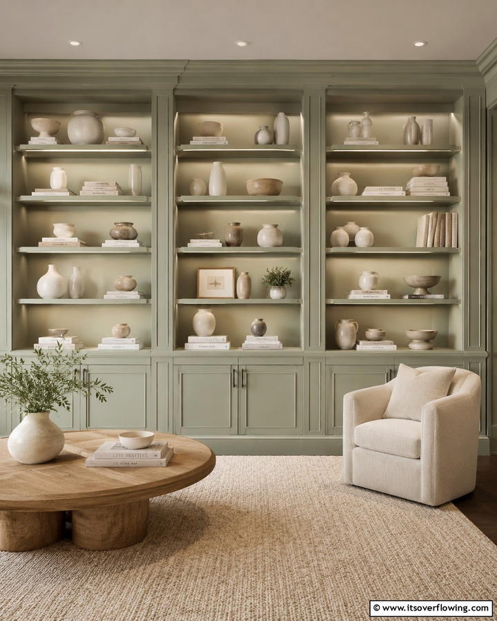 Sage Green Built In Shelves with Cream Decor - 25 Sage Green and Cream Living Room Ideas for Serenity
