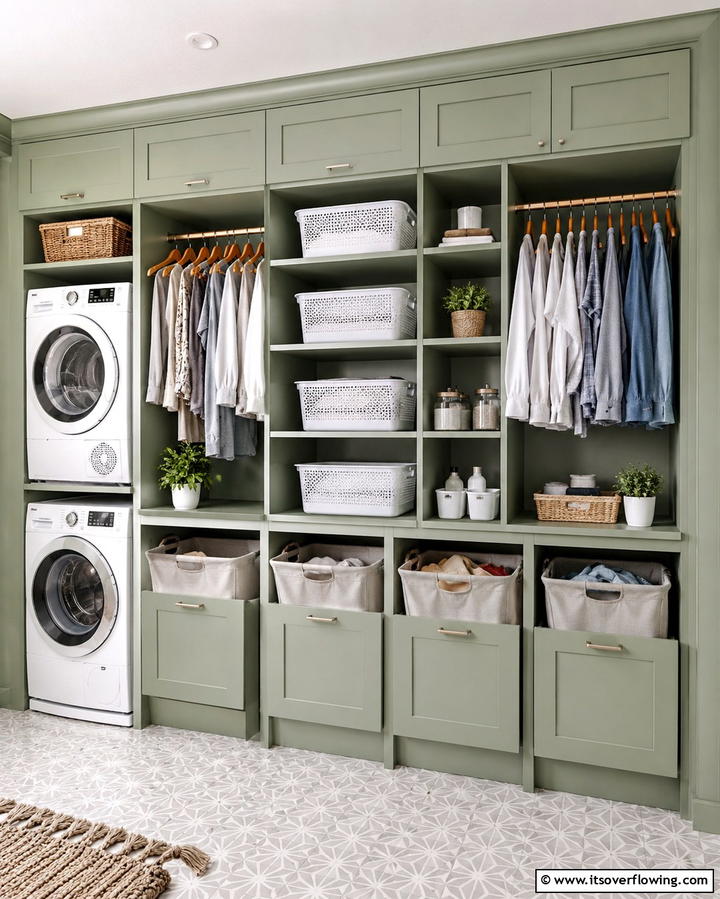 Sage Green Built in Storage Solutions - 25 Sage Green Laundry Room Ideas for a Fresh Look
