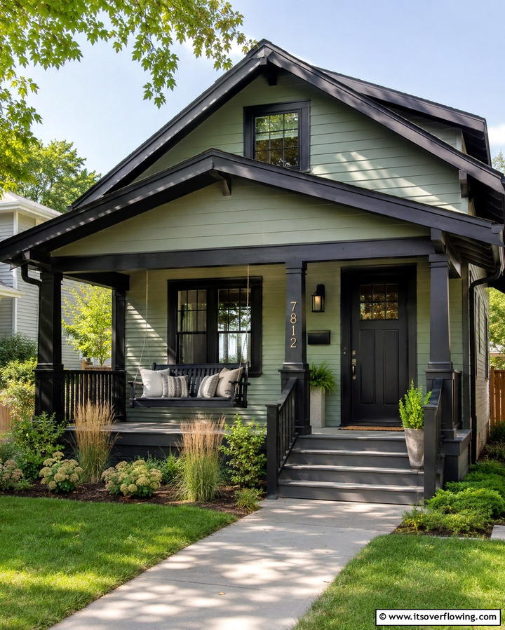 Sage Green Bungalow with Black Detailing - 25 Sage Green House With Black Trim Ideas for Curb Appeal