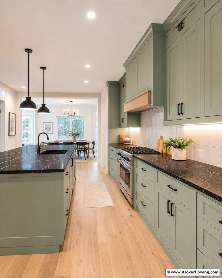 Sage Green Cabinets with Black Quartz Countertops - 20 Sage Green and Black Kitchen Ideas for a Modern Feel