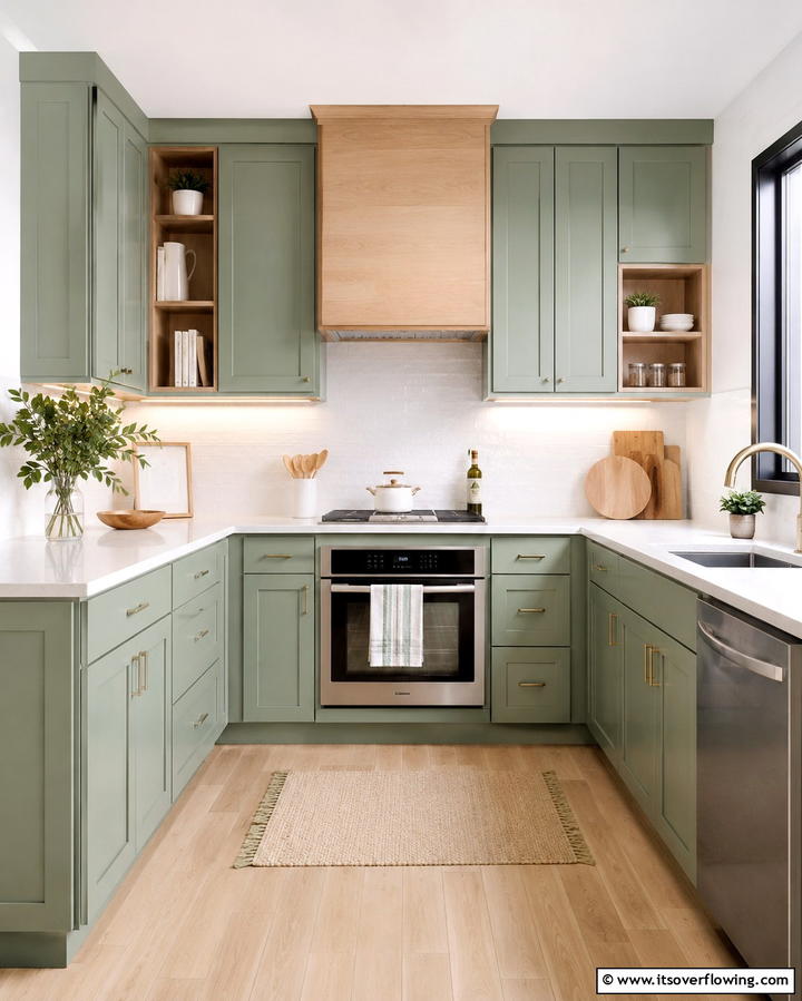 Sage Green Cabinets with Light Oak Features - 25 Warm Green and Brown Kitchen Design Ideas