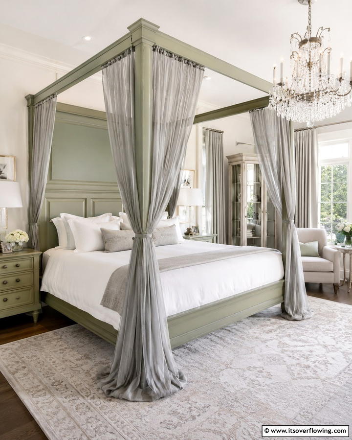 Sage Green Canopy Bed with Grey Drapes - 25 Sage Green and Grey Bedroom Ideas for a Serene Retreat