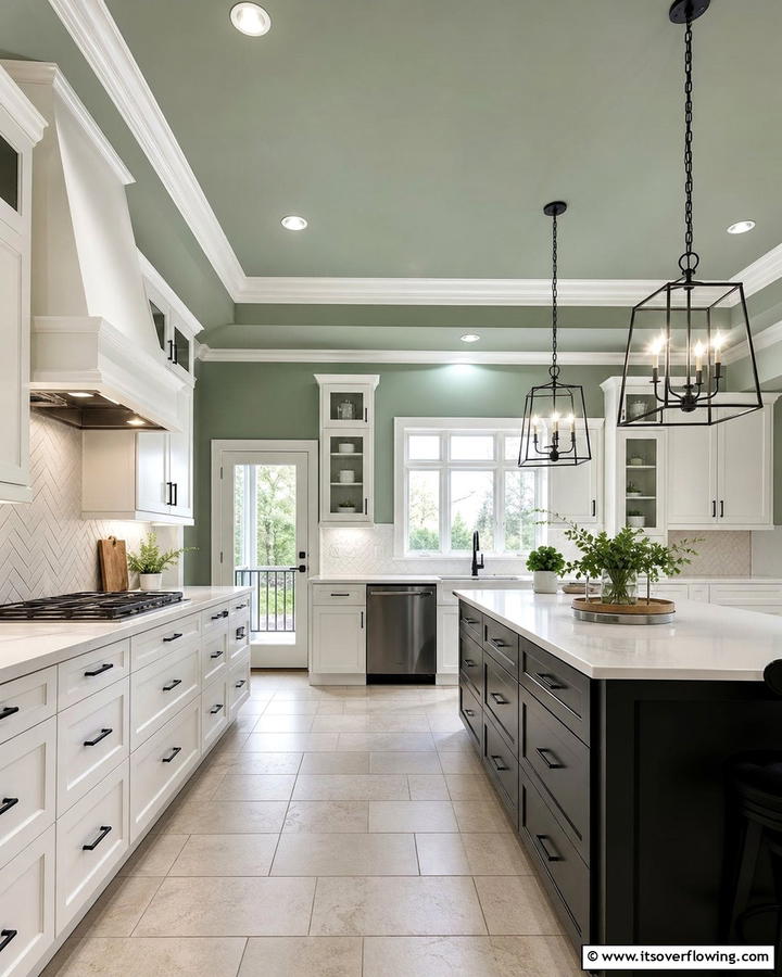 Sage Green Ceiling with Black Fixtures - 20 Sage Green and Black Kitchen Ideas for a Modern Feel