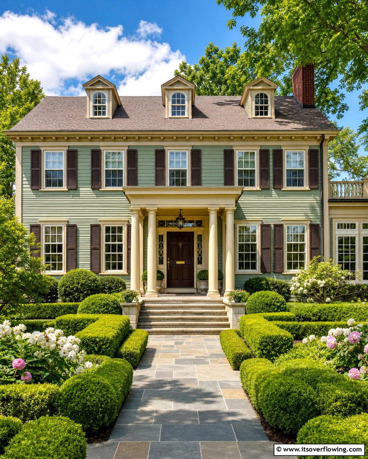 Sage Green Colonial Home with Warm Brown Trim - 25 Sage Green House With Brown Trim Ideas for Curb Appeal