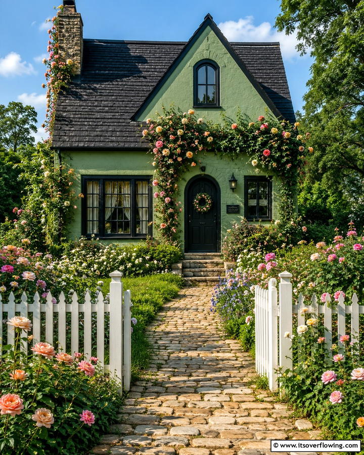 Sage Green Cottage with Black Trim - 25 Sage Green House With Black Trim Ideas for Curb Appeal