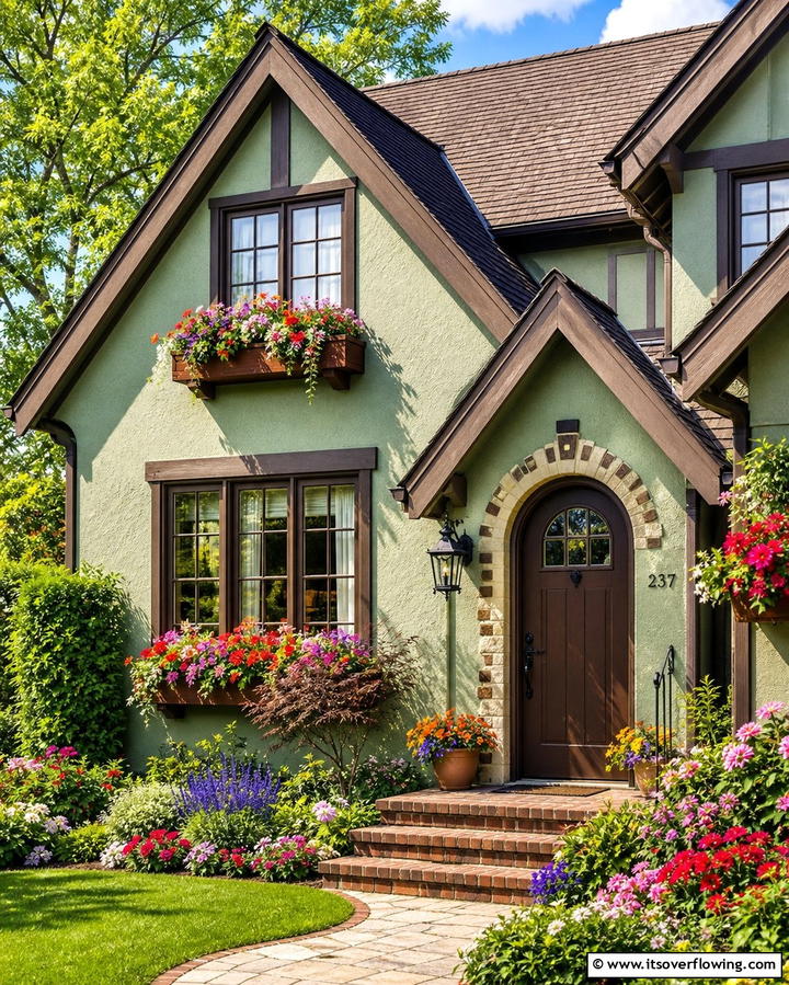 Sage Green Cottage with Coffee Brown Trim - 25 Sage Green House With Brown Trim Ideas for Curb Appeal