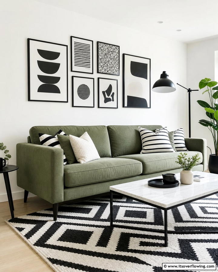 Sage Green Couch with Black and White Decor - 20 Stylish Sage Green Couch Living Room Ideas