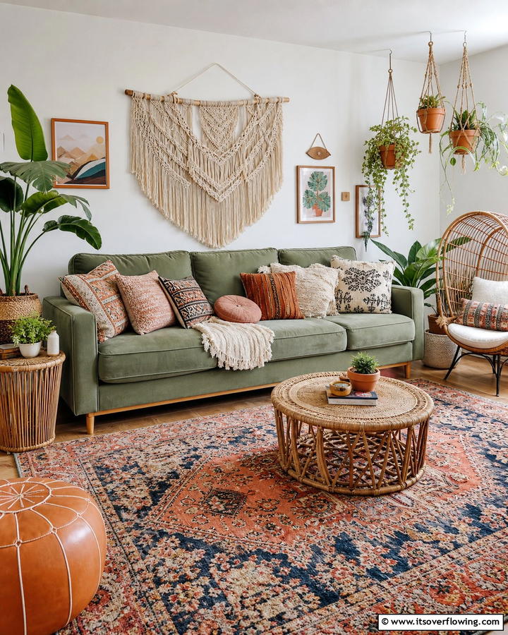 Sage Green Couch with Bohemian Decor - 20 Stylish Sage Green Couch Living Room Ideas