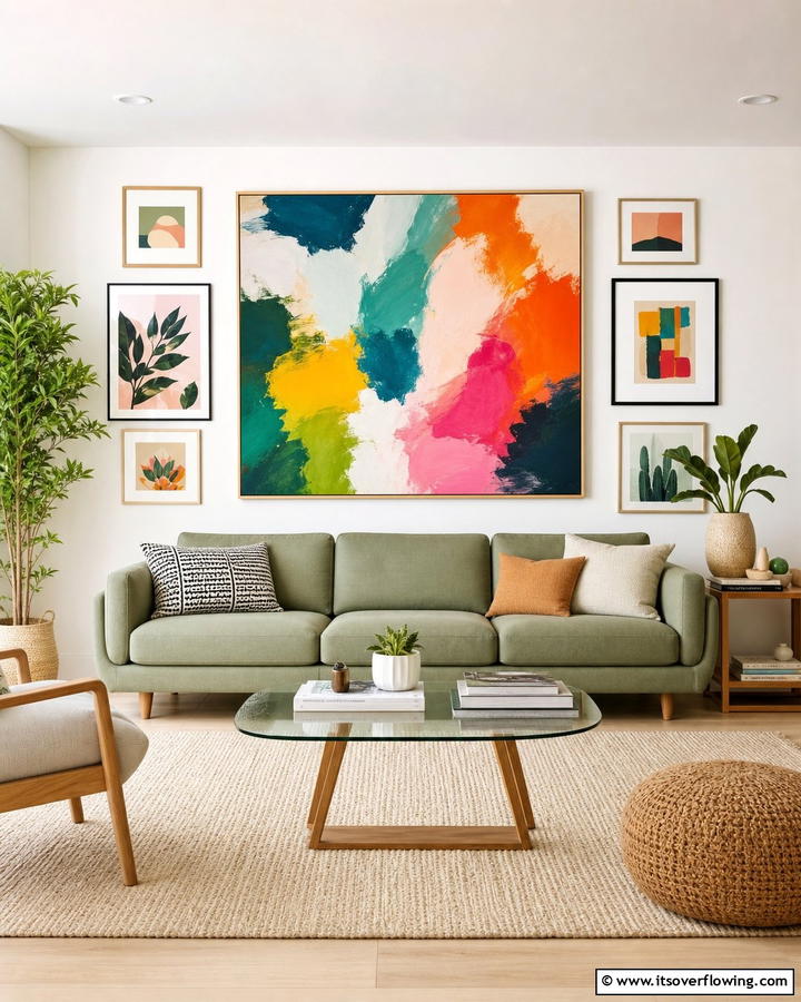 Sage Green Couch with Bold Artwork - 20 Stylish Sage Green Couch Living Room Ideas