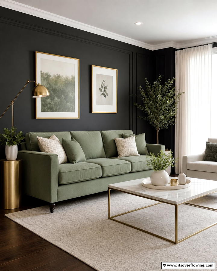 Sage Green Couch with Dark Walls - 20 Stylish Sage Green Couch Living Room Ideas