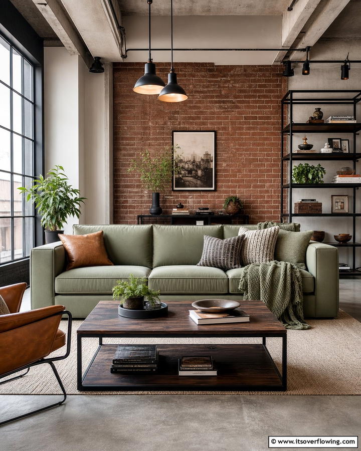 Sage Green Couch with Industrial Decor - 20 Stylish Sage Green Couch Living Room Ideas
