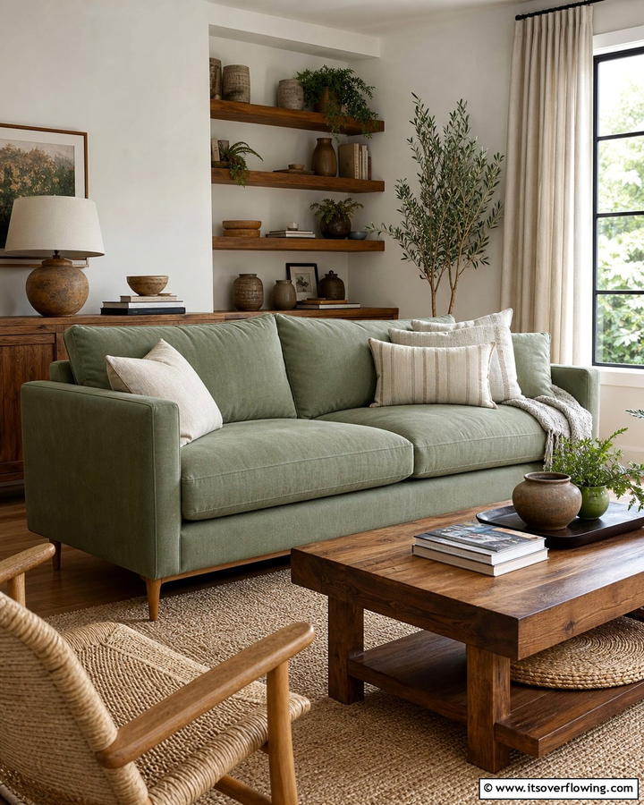 Sage Green Couch with Wooden Accents - 20 Stylish Sage Green Couch Living Room Ideas