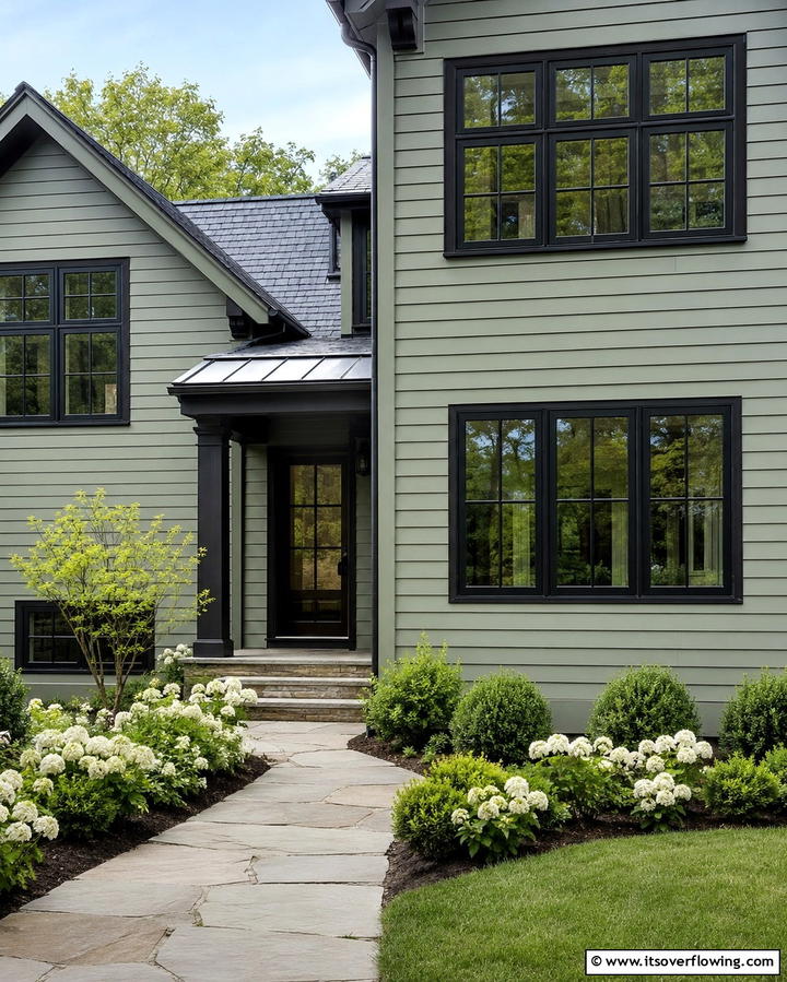 Sage Green Exterior with Black Window Frames - 25 Sage Green House With Black Trim Ideas for Curb Appeal