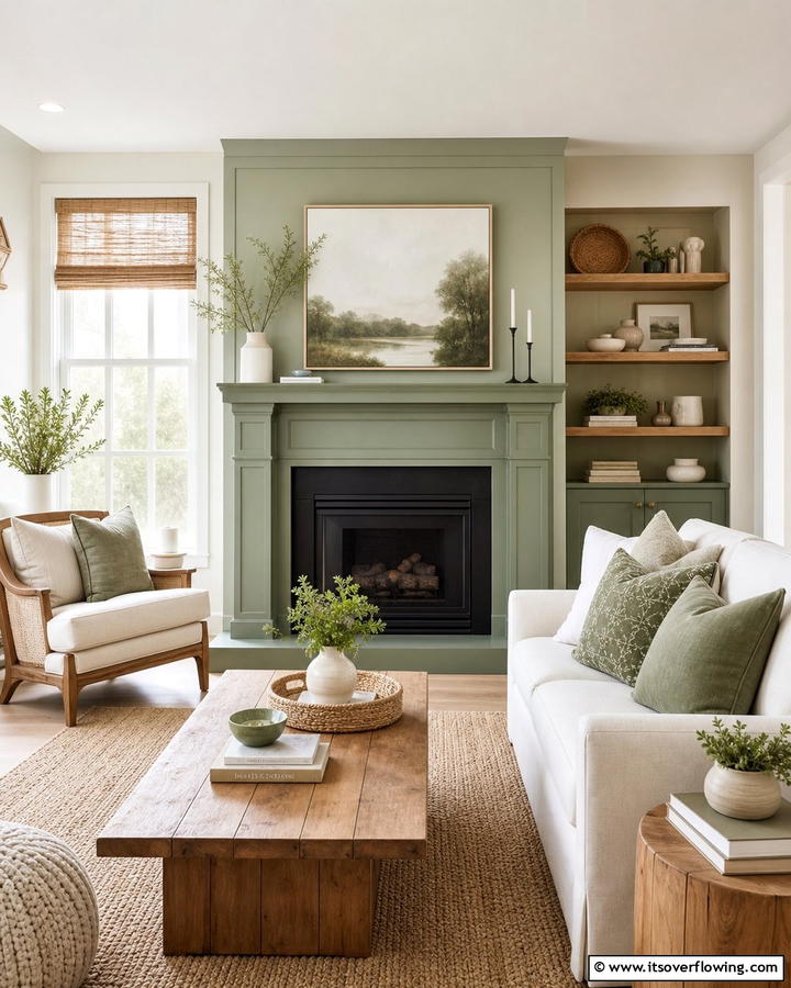 Sage Green Fireplace in a Neutral Room - 20 Sage Green Fireplace Ideas for a Calm Ambiance