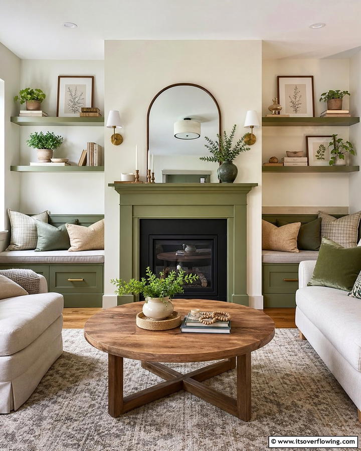 Sage Green Fireplace with Built in Seating - 20 Sage Green Fireplace Ideas for a Calm Ambiance