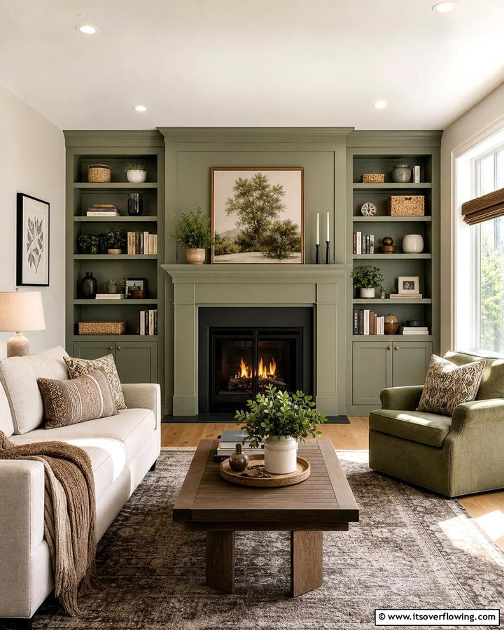 Sage Green Fireplace with Built in Shelves - 20 Sage Green Fireplace Ideas for a Calm Ambiance