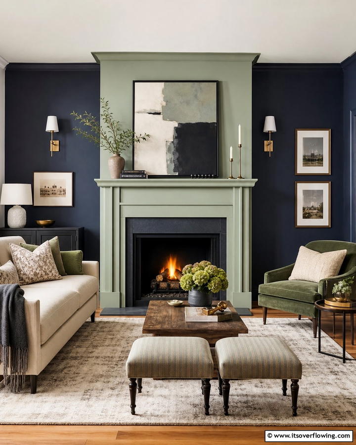 Sage Green Fireplace with Contrasting Wall Colors - 20 Sage Green Fireplace Ideas for a Calm Ambiance