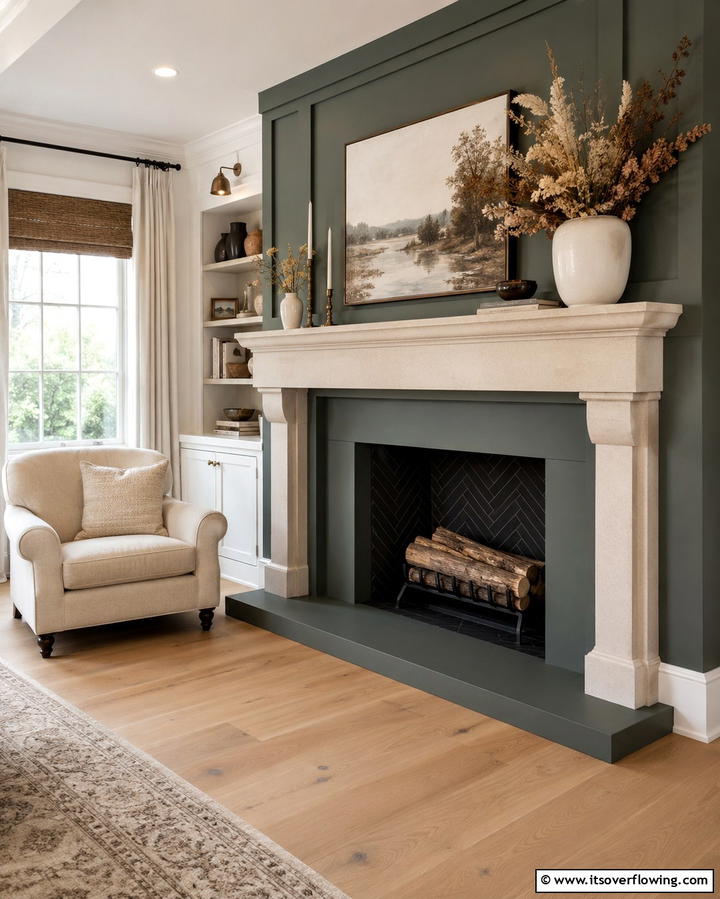 Sage Green Fireplace with Cream Mantel - 25 Sage Green and Cream Living Room Ideas for Serenity