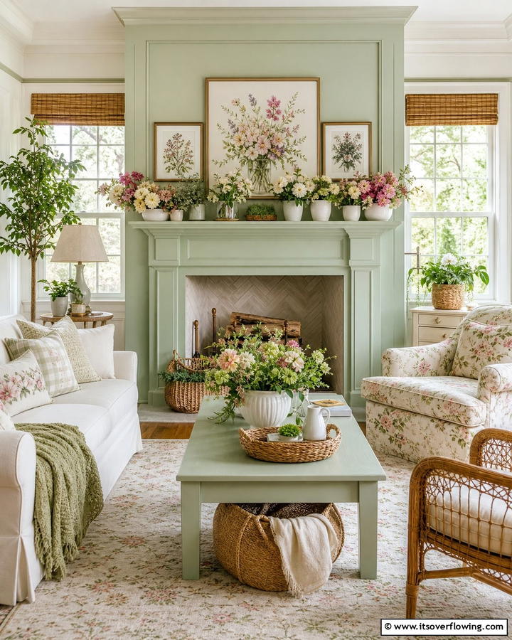 Sage Green Fireplace with Floral Decor - 20 Sage Green Fireplace Ideas for a Calm Ambiance
