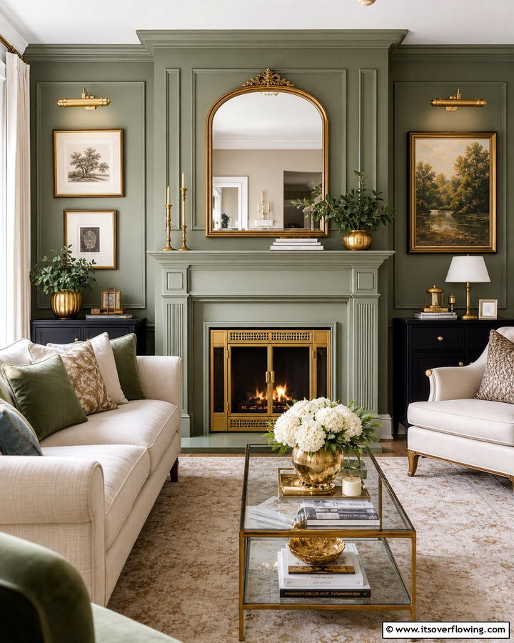 Sage Green Fireplace with Gold Accents - 20 Sage Green Fireplace Ideas for a Calm Ambiance