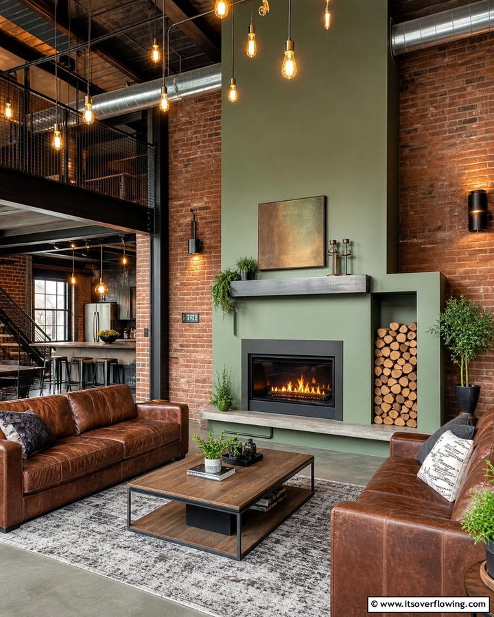 Sage Green Fireplace with Industrial Elements - 20 Sage Green Fireplace Ideas for a Calm Ambiance