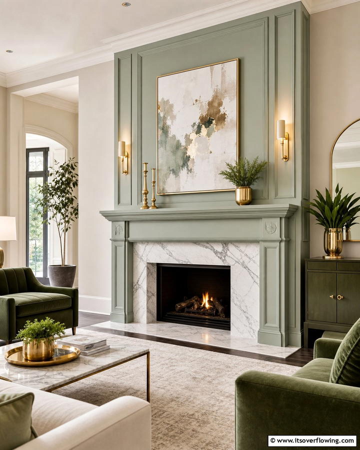 Sage Green Fireplace with Marble Details - 20 Sage Green Fireplace Ideas for a Calm Ambiance