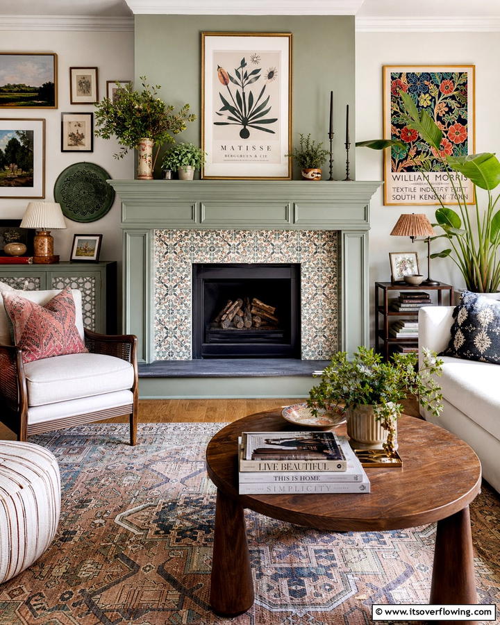 Sage Green Fireplace with Patterned Tiles - 20 Sage Green Fireplace Ideas for a Calm Ambiance