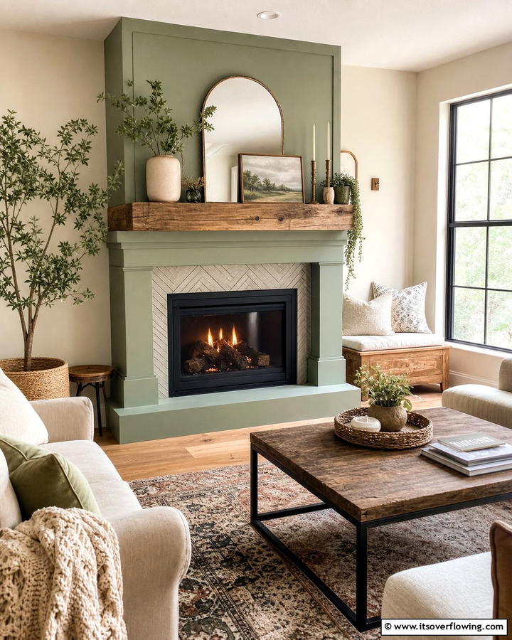 Sage Green Fireplace with Wooden Mantel - 20 Sage Green Fireplace Ideas for a Calm Ambiance