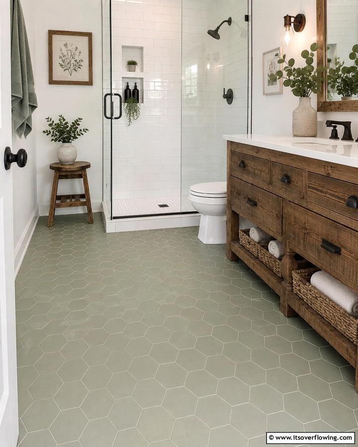 Sage Green Hexagons - 30 Green Bathroom Tile Design Ideas for a Refreshing Oasis