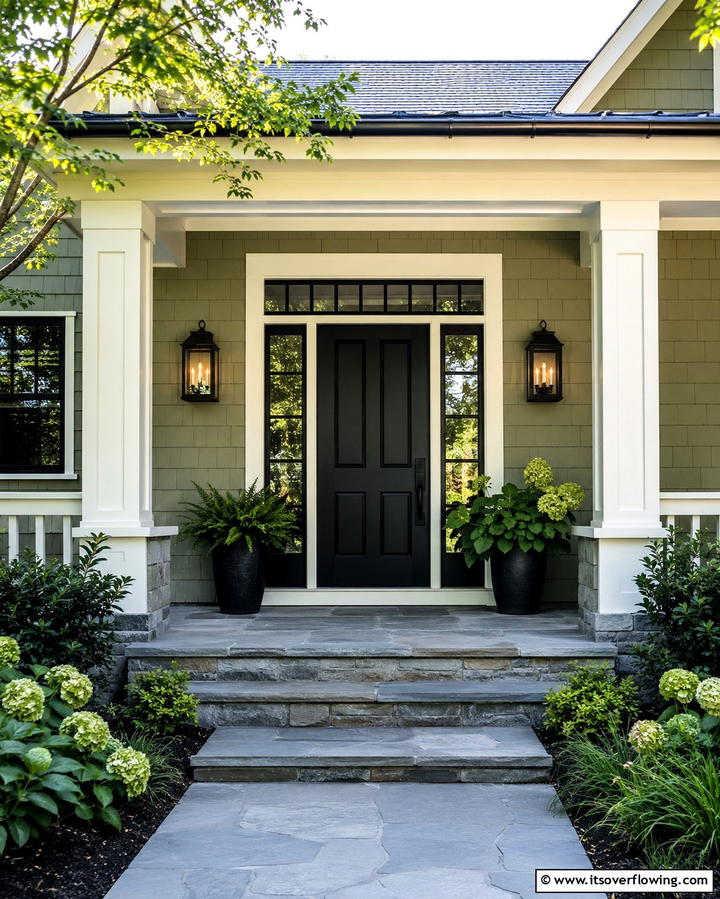 Sage Green House with Black Front Door - 25 Sage Green House With Black Trim Ideas for Curb Appeal