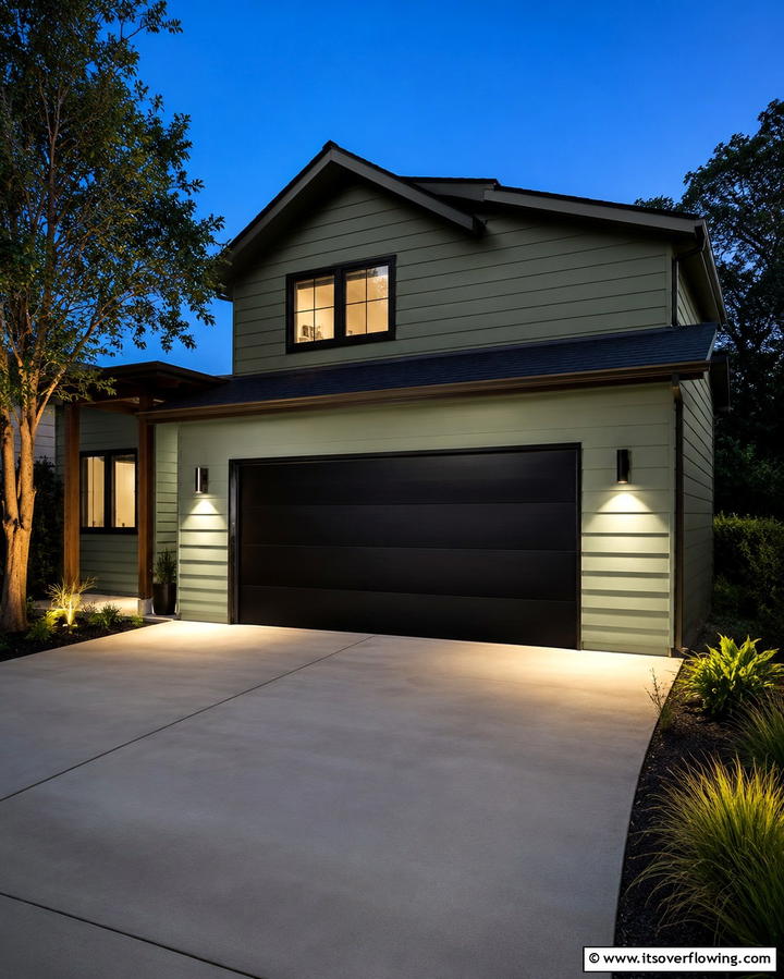 Sage Green House with Black Garage Door - 25 Sage Green House With Black Trim Ideas for Curb Appeal