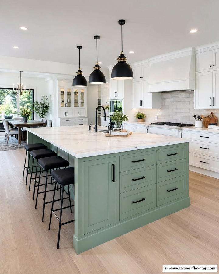 Sage Green Island with Black Pendant Lighting - 20 Sage Green and Black Kitchen Ideas for a Modern Feel