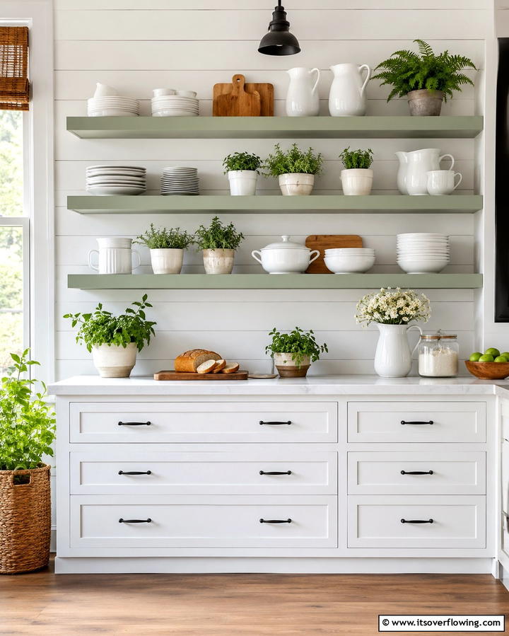 Sage Green Open Shelving for a Light Look - 25 Sage Green Kitchen Ideas for a Fresh and Inviting Space