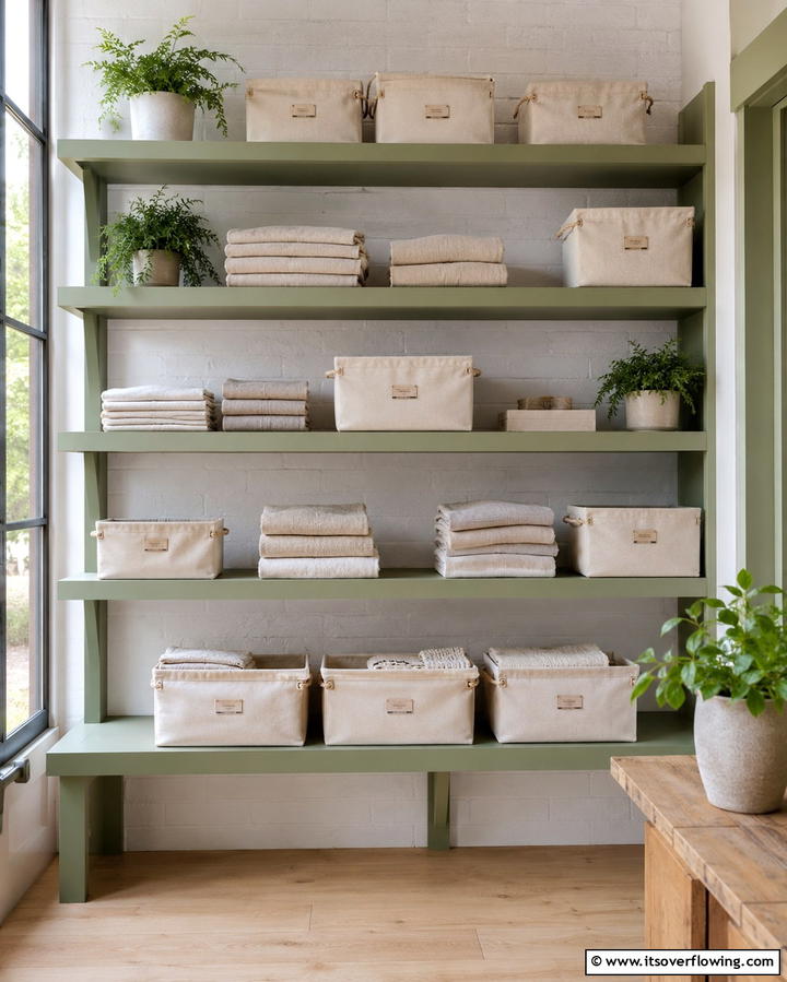 Sage Green Open Shelving - 25 Sage Green Laundry Room Ideas for a Fresh Look