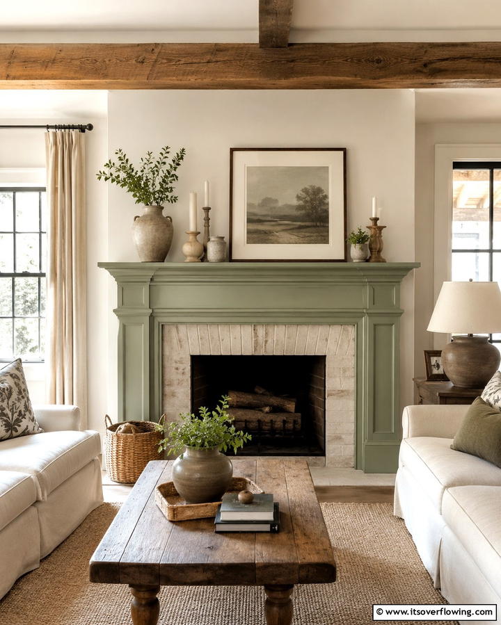 Sage Green Painted Mantel - 25 Green Fireplace Ideas for a Cozy and Eco-Friendly Home