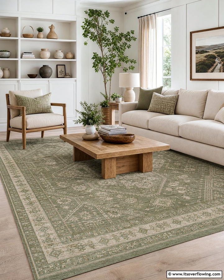 Sage Green Patterned Carpets - 21 Sage Green Living Room Schemes for Calming Interior Designs