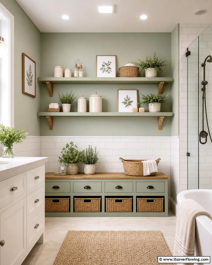 Sage Green Shelves with Cream Accents - 20 Elegant Sage Green and Cream Bathroom Ideas
