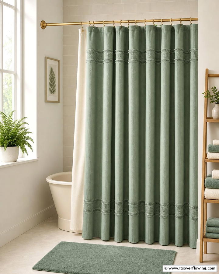 Sage Green Shower Curtain with Cream Liners - 20 Elegant Sage Green and Cream Bathroom Ideas