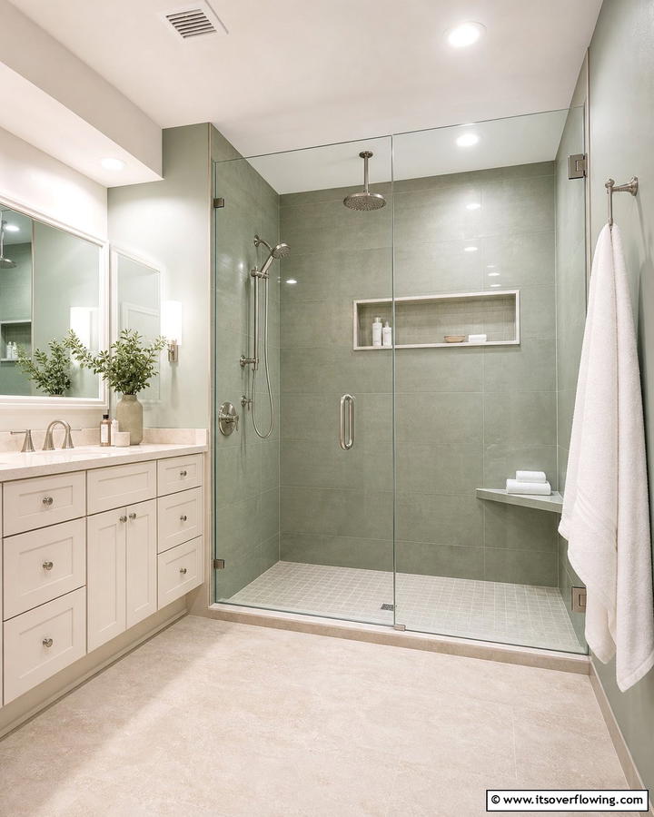 Sage Green Shower Walls with Cream Fixtures - 20 Elegant Sage Green and Cream Bathroom Ideas