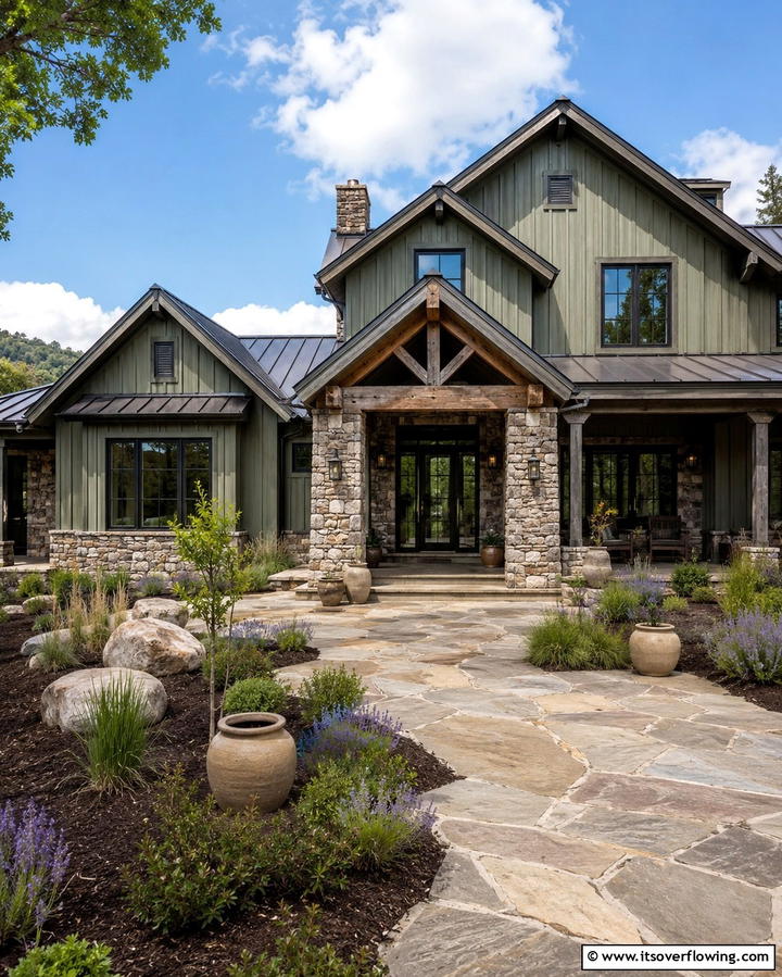Sage Green Siding with Natural Stone Accents - 25 Farmhouse Green Exterior Home Ideas for a Fresh Look