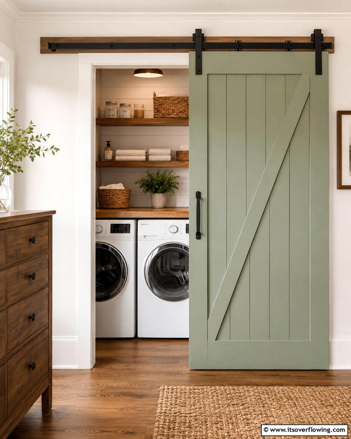 Sage Green Sliding Barn Door for a Farmhouse Touch - 25 Sage Green Laundry Room Ideas for a Fresh Look