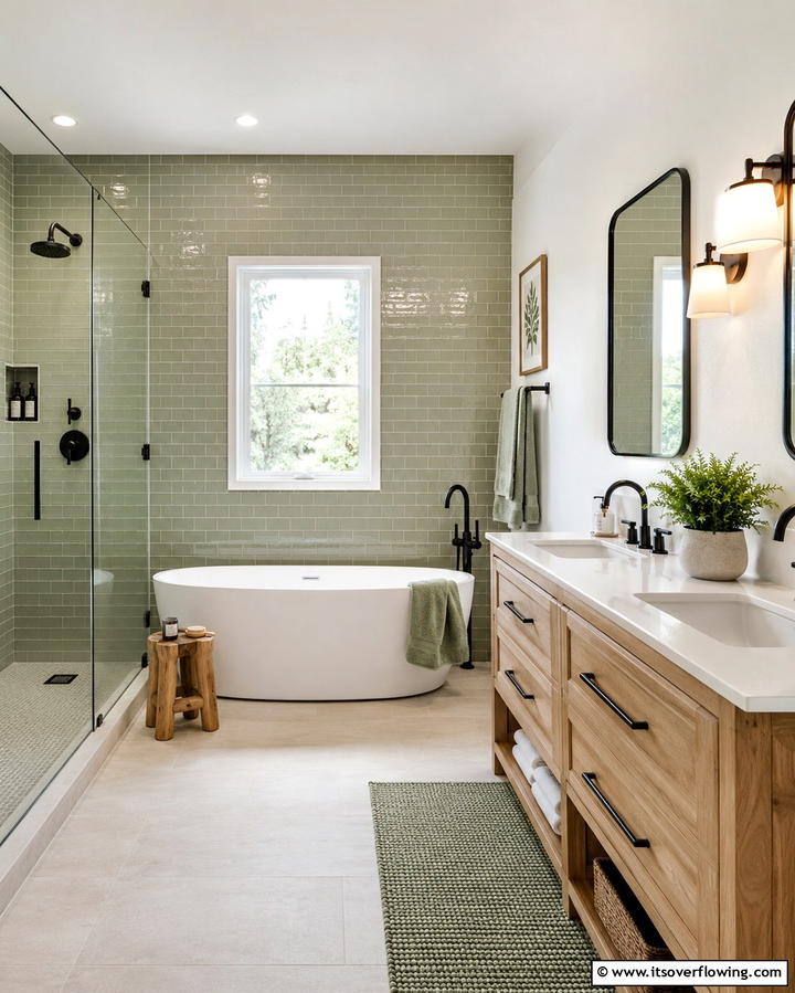 Sage Green Subway Tiles - 30 Green Bathroom Tile Design Ideas for a Refreshing Oasis
