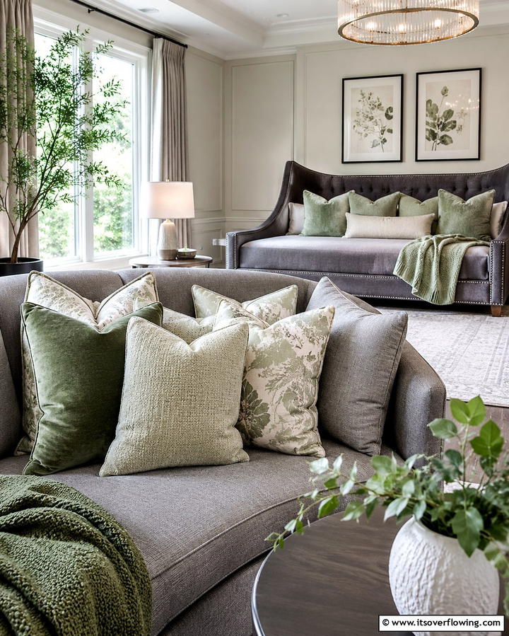 Sage Green Throw Pillows on Grey Sofa - 25 Sage Green and Grey Bedroom Ideas for a Serene Retreat