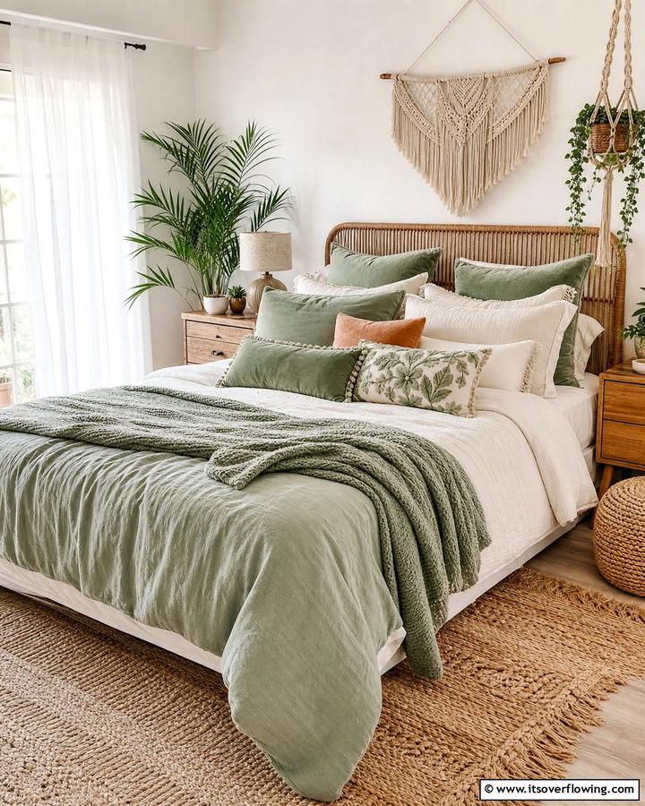 Sage Green Throw Pillows - 25 Boho Sage Green Bedroom Ideas for a Serene Retreat